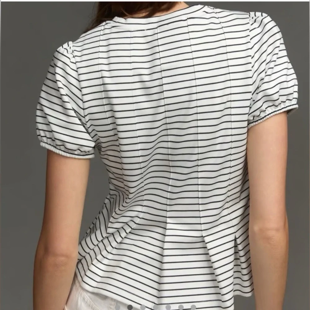 Maeve by Anthropologie Corset Peplum Puff Sleeves Striped Top